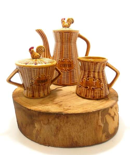 Mid Century Basket Weave Ceramic Breakfast Coffee Set Rooster Detail Coffee Pot, Creamer & Sugar