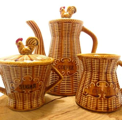 Mid Century Basket Weave Ceramic Breakfast Coffee Set Rooster Detail Coffee Pot, Creamer & Sugar