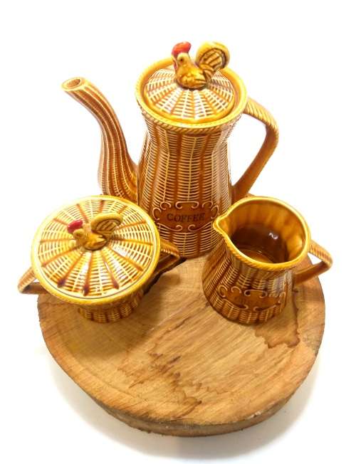 Mid Century Basket Weave Ceramic Breakfast Coffee Set Rooster Detail Coffee Pot, Creamer & Sugar