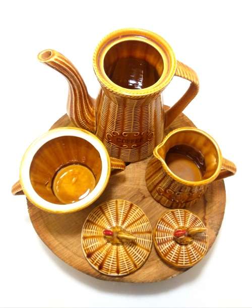 Mid Century Basket Weave Ceramic Breakfast Coffee Set Rooster Detail Coffee Pot, Creamer & Sugar