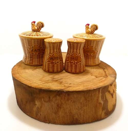 Beautiful Mid Century Basket Weave Breakfast Set With Rooster Detail  Jam, Jelly & Salt & Pepper