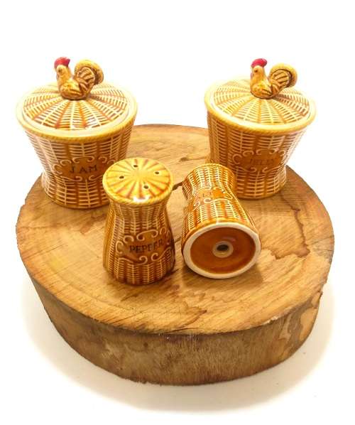 Beautiful Mid Century Basket Weave Breakfast Set With Rooster Detail  Jam, Jelly & Salt & Pepper