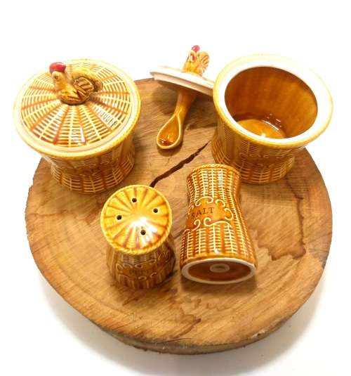 Beautiful Mid Century Basket Weave Breakfast Set With Rooster Detail  Jam, Jelly & Salt & Pepper