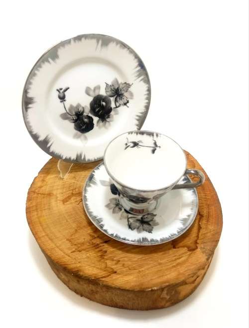 Shades Of Grey Unmarked Tea Trio  Cup, Saucer & Cake Plate