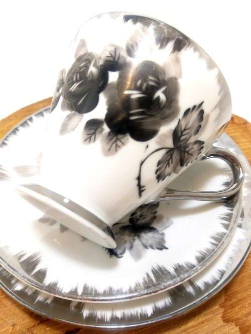 Shades Of Grey Unmarked Tea Trio  Cup, Saucer & Cake Plate