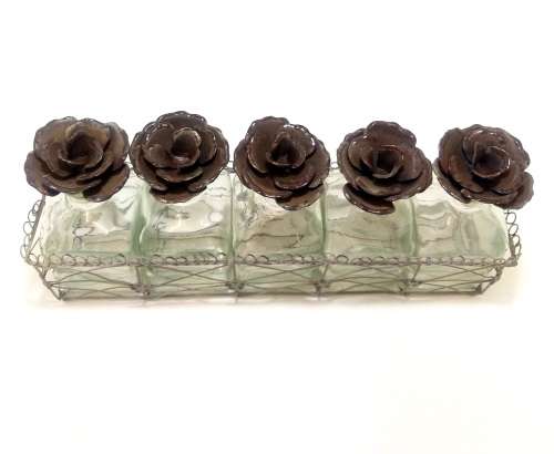 Decorative Set Of 5 Contemporary (Vintage Looking)Bottles On Wire Rack With Metal Rose Cork Stoppers