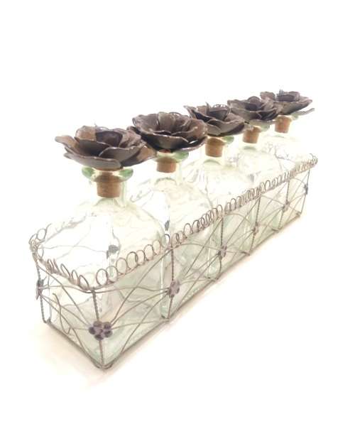 Decorative Set Of 5 Contemporary (Vintage Looking)Bottles On Wire Rack With Metal Rose Cork Stoppers
