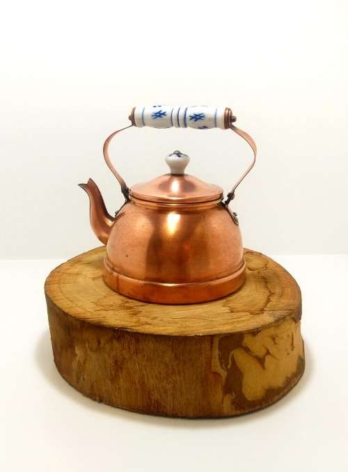 Small Vintage Copper Kettle With Blue & White Porcelain Handle & Lid Finial
