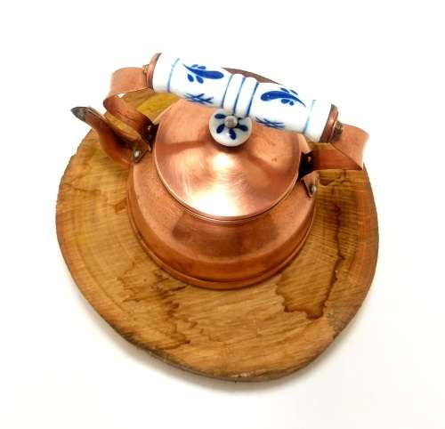 Small Vintage Copper Kettle With Blue & White Porcelain Handle & Lid Finial