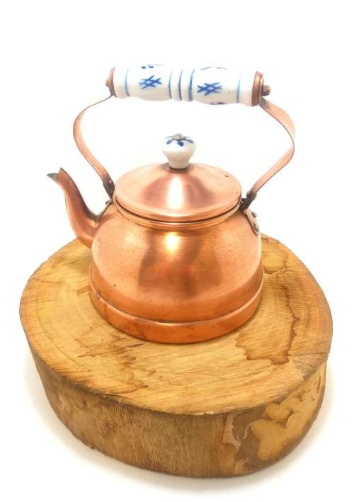Small Vintage Copper Kettle With Blue & White Porcelain Handle & Lid Finial