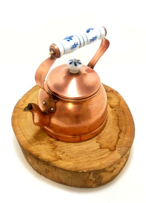 Small Vintage Copper Kettle With Blue & White Porcelain Handle & Lid Finial