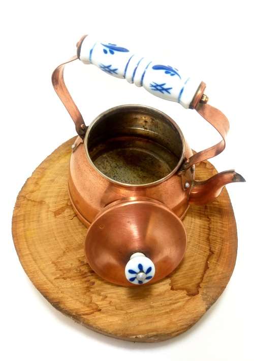 Small Vintage Copper Kettle With Blue & White Porcelain Handle & Lid Finial