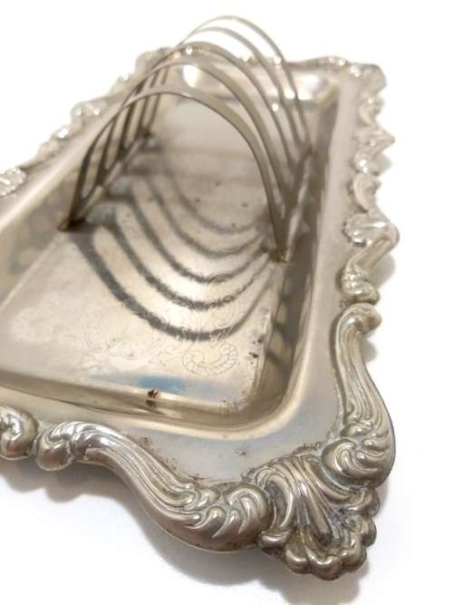 Ornate Vintage Silver Plated Rectangular Tray With Four-Slice Toast Rack