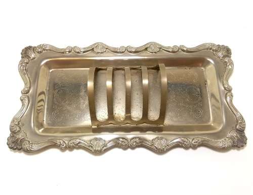 Ornate Vintage Silver Plated Rectangular Tray With Four-Slice Toast Rack