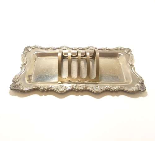 Ornate Vintage Silver Plated Rectangular Tray With Four-Slice Toast Rack