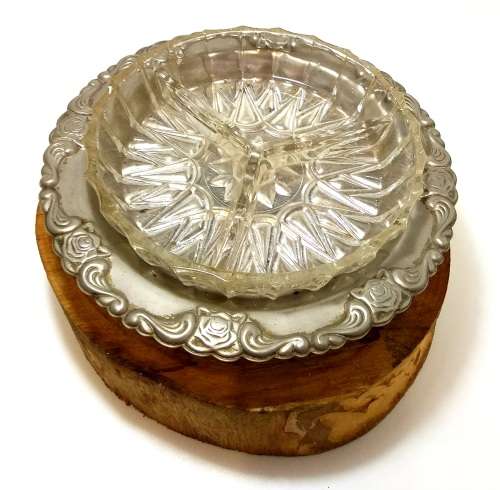 Vintage Silver Plated Pedestal Stand With Removable Clear Cut Glass Three-Division Bowl