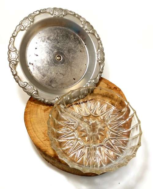 Vintage Silver Plated Pedestal Stand With Removable Clear Cut Glass Three-Division Bowl