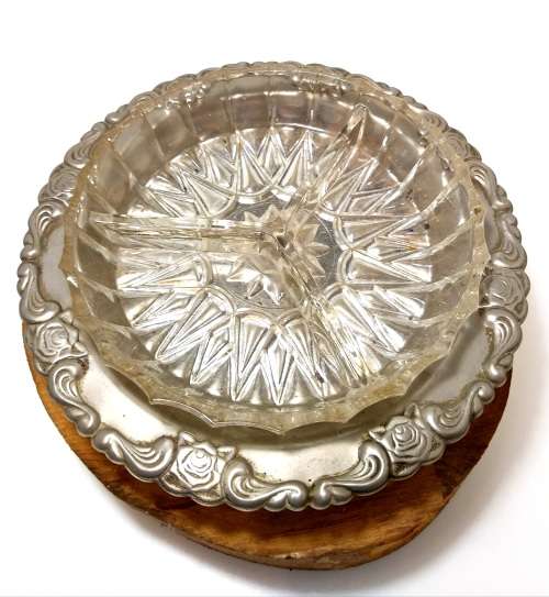 Vintage Silver Plated Pedestal Stand With Removable Clear Cut Glass Three-Division Bowl