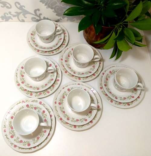 French Vintage Tea Set Of 6 Complete Mary Lou Tea Trios  Cup, Saucer & Tea Plate