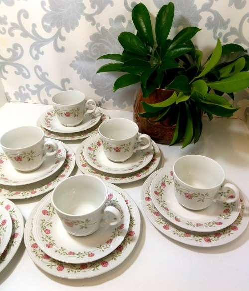 French Vintage Tea Set Of 6 Complete Mary Lou Tea Trios  Cup, Saucer & Tea Plate
