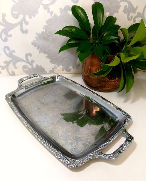 Rectangular Silver Plated Vintage Serving Tray With Handles & Repousse Craft Rim Patterning