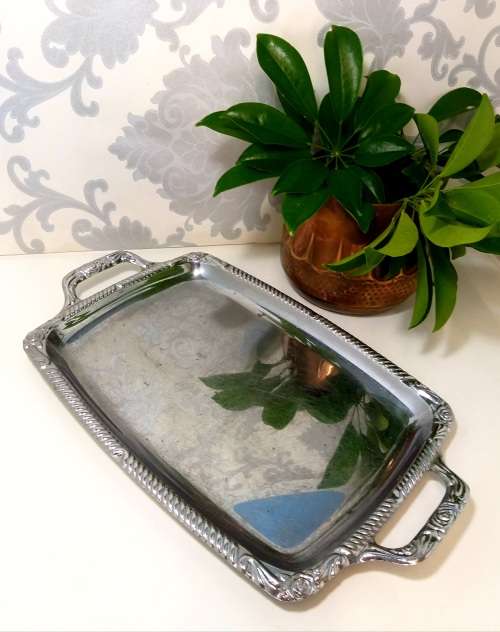 Rectangular Silver Plated Vintage Serving Tray With Handles & Repousse Craft Rim Patterning