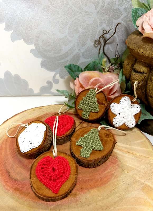 Set Of 6 Wooden Christmas Tree Ornaments With Micro Crochet Motifs