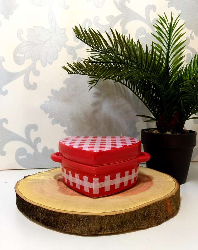 Heart Shaped Lidded Porcelain Bowl With Two Handles & Candle  Red Checkered Pattern