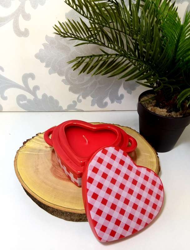 Heart Shaped Lidded Porcelain Bowl With Two Handles & Candle  Red Checkered Pattern