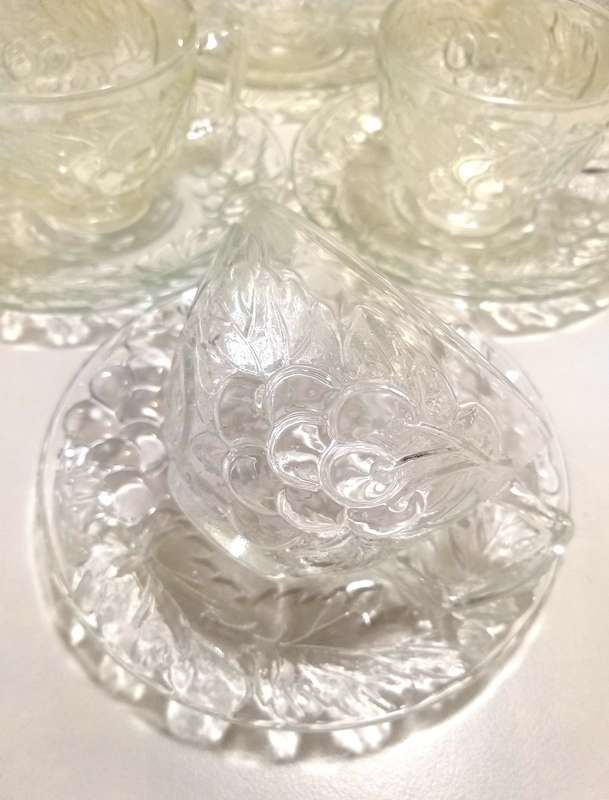 Indonesian Set Of 6 Clear Glass Duos (Cups And Saucers) With Grape And Grape Leaf Design