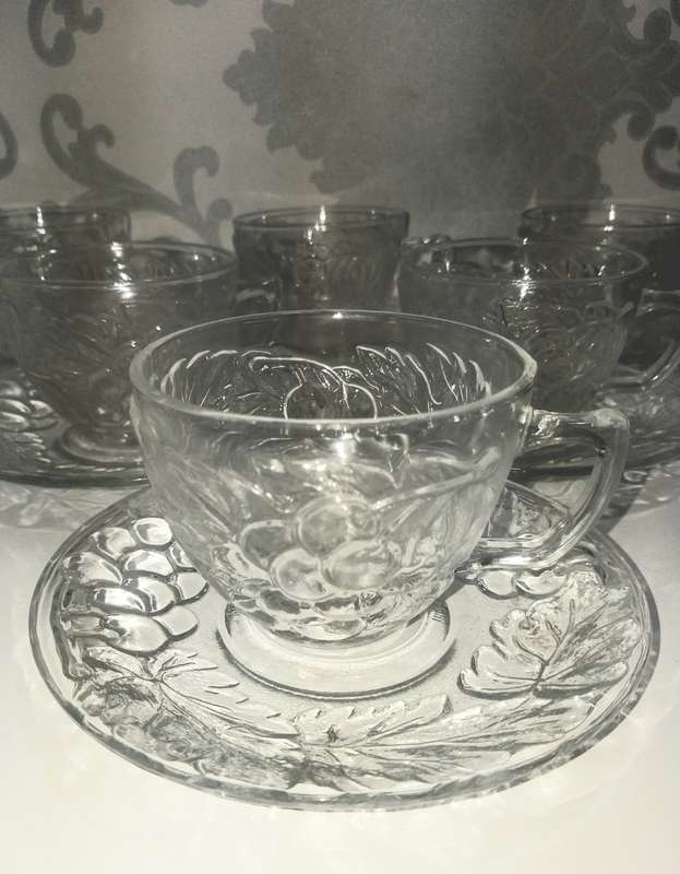 Indonesian Set Of 6 Clear Glass Duos (Cups And Saucers) With Grape And Grape Leaf Design