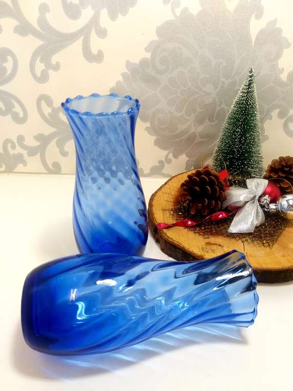 Identical Pair Of Blue Swirl Glass Vases With Fluted Scalloped Rims