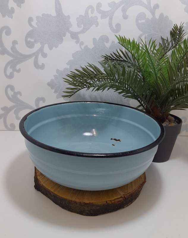 Rare Vintage Blue Enamel Bowl With Thick Black Rim