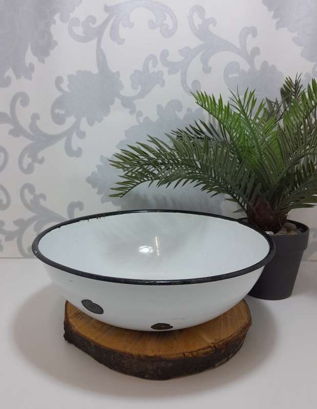 Vintage White Enamel Bowl With Thick Black Rim