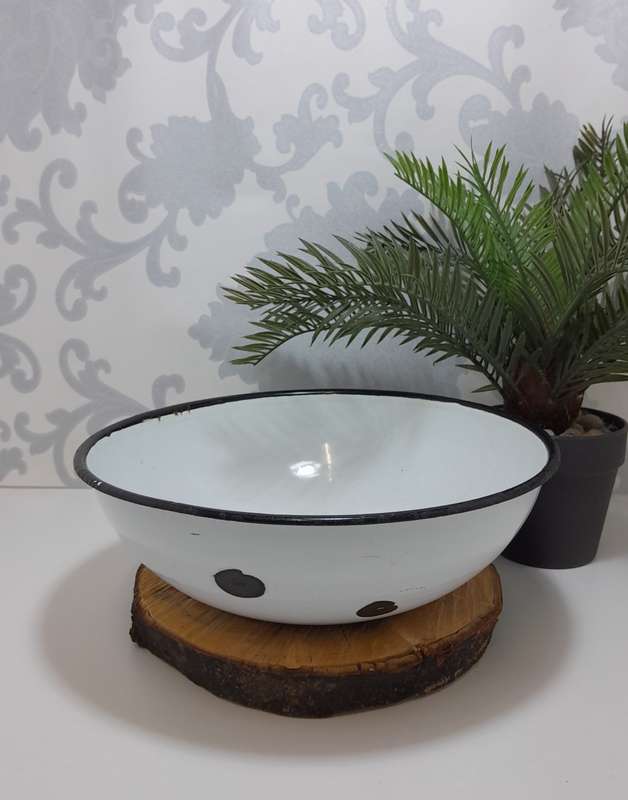 Vintage White Enamel Bowl With Thick Black Rim