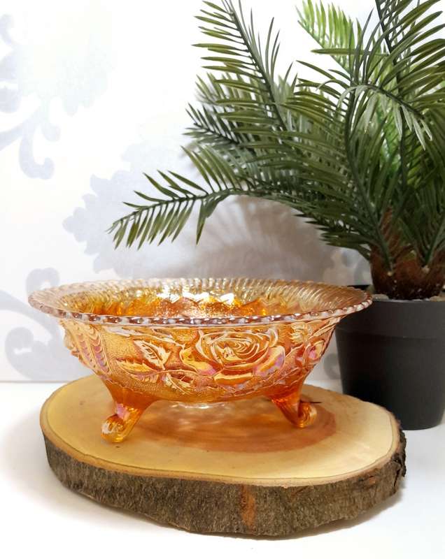 Vintage Salmon Coloured Carnival Glass Candy Bowl On Three Feet