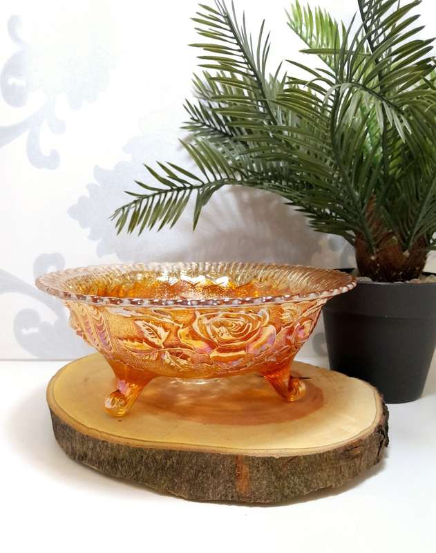 Vintage Salmon Coloured Carnival Glass Candy Bowl On Three Feet