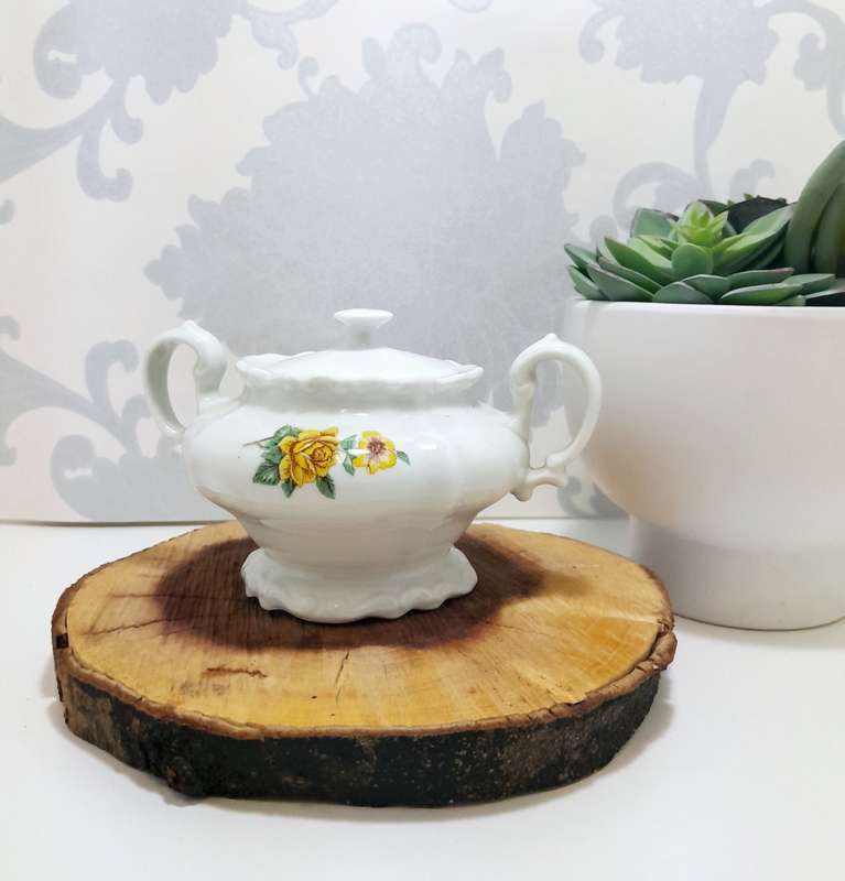 Pioneer Porcelain Vintage Double Handle Lidded Sugar Bowl  Yellow Rose