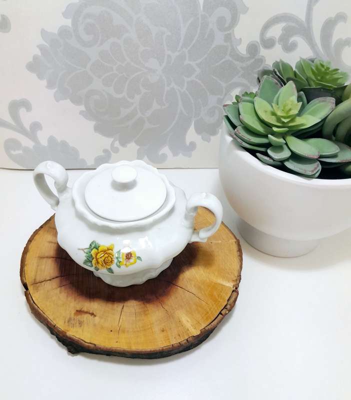 Pioneer Porcelain Vintage Double Handle Lidded Sugar Bowl  Yellow Rose
