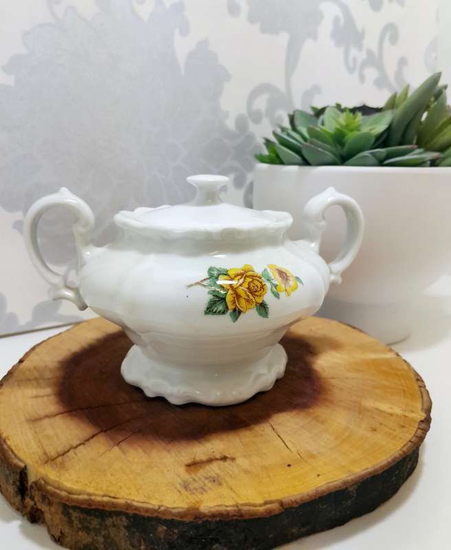 Pioneer Porcelain Vintage Double Handle Lidded Sugar Bowl  Yellow Rose
