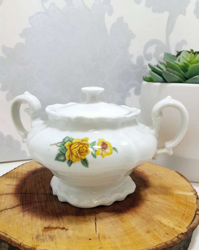 Pioneer Porcelain Vintage Double Handle Lidded Sugar Bowl  Yellow Rose