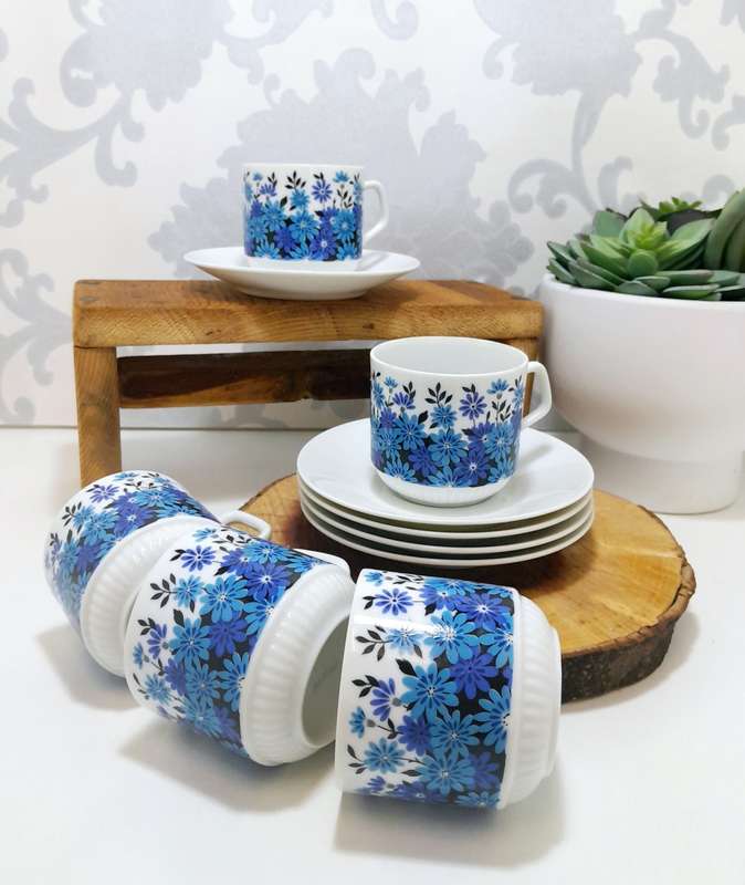 Set Of 5 Dainty & Fine Retro Blue & White Japanese Cups & Saucers
