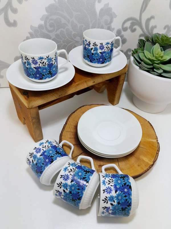 Set Of 5 Dainty & Fine Retro Blue & White Japanese Cups & Saucers