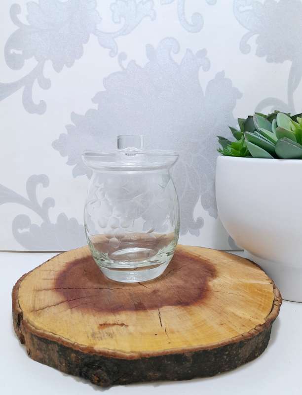 Clear Glass Jam Jar With Etched Grape & Grape Leaf Motif & Glass Lid