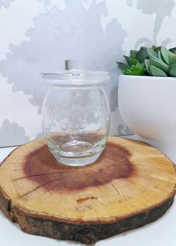 Clear Glass Jam Jar With Etched Grape & Grape Leaf Motif & Glass Lid
