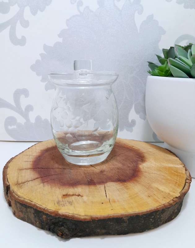 Clear Glass Jam Jar With Etched Grape & Grape Leaf Motif & Glass Lid