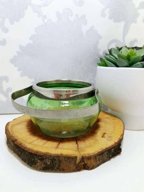 Green Glass Jar With Silver Collar & Handle
