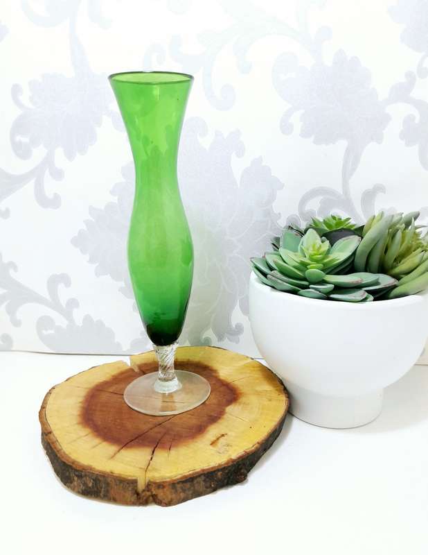 Vintage Green Glass Fluted Vase On Clear Swirl Stem