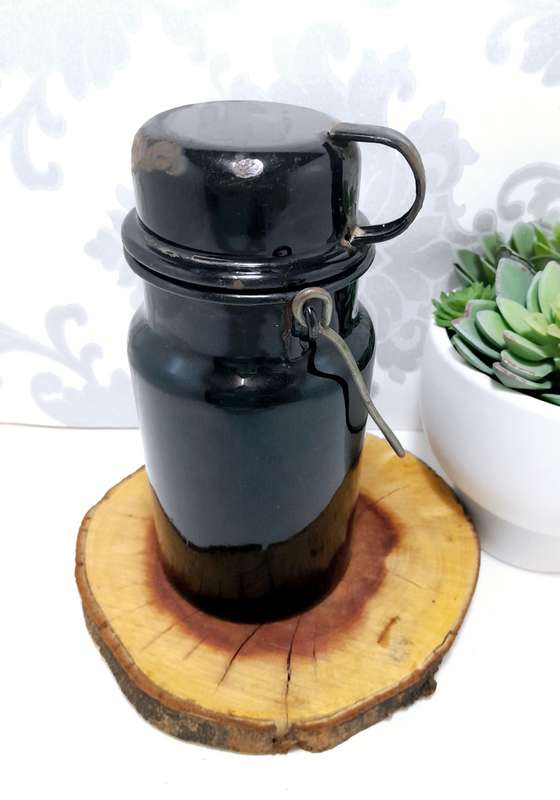 Antique Black & White Enamel Billy Can  Flask & Cup With Handle  Age Character