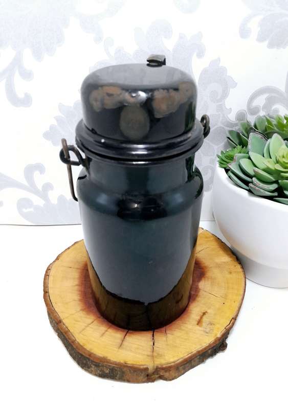 Antique Black & White Enamel Billy Can  Flask & Cup With Handle  Age Character